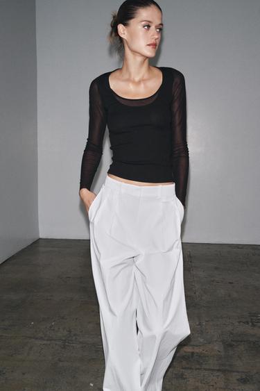 Zara SEMI-TRANSPARENTNA KOMBINOVANA MAJICA – Crna