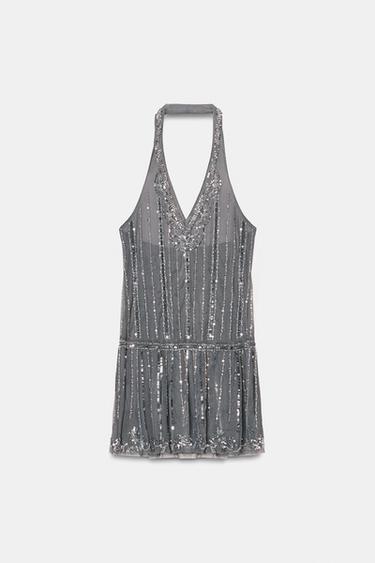 Zara SEQUIN HALTER MINI DRESS - Dark gray
