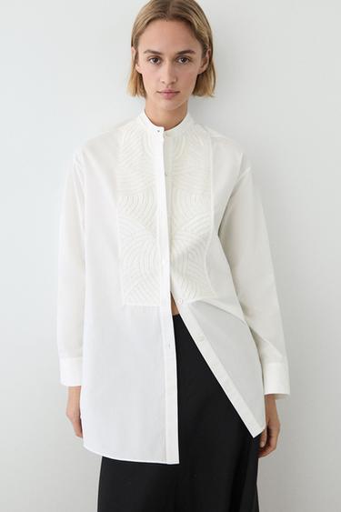 Camisa popelín bordado pechera 100% algodón - Blanco de Zara