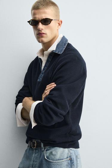 DENIM COLLAR COMBINATION KNIT POLO SHIRT - Navy blue by Zara - Image 5