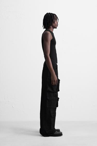 Zara DENIM CARGO PANTS WITH POCKETS - Black