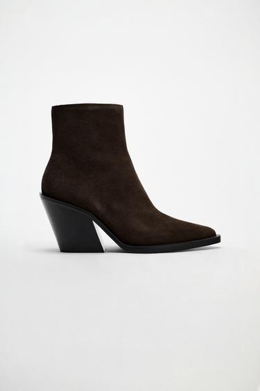 SPLIT SUEDE COWBOY HIGH HEEL ANKLE BOOTS - Brown by Zara