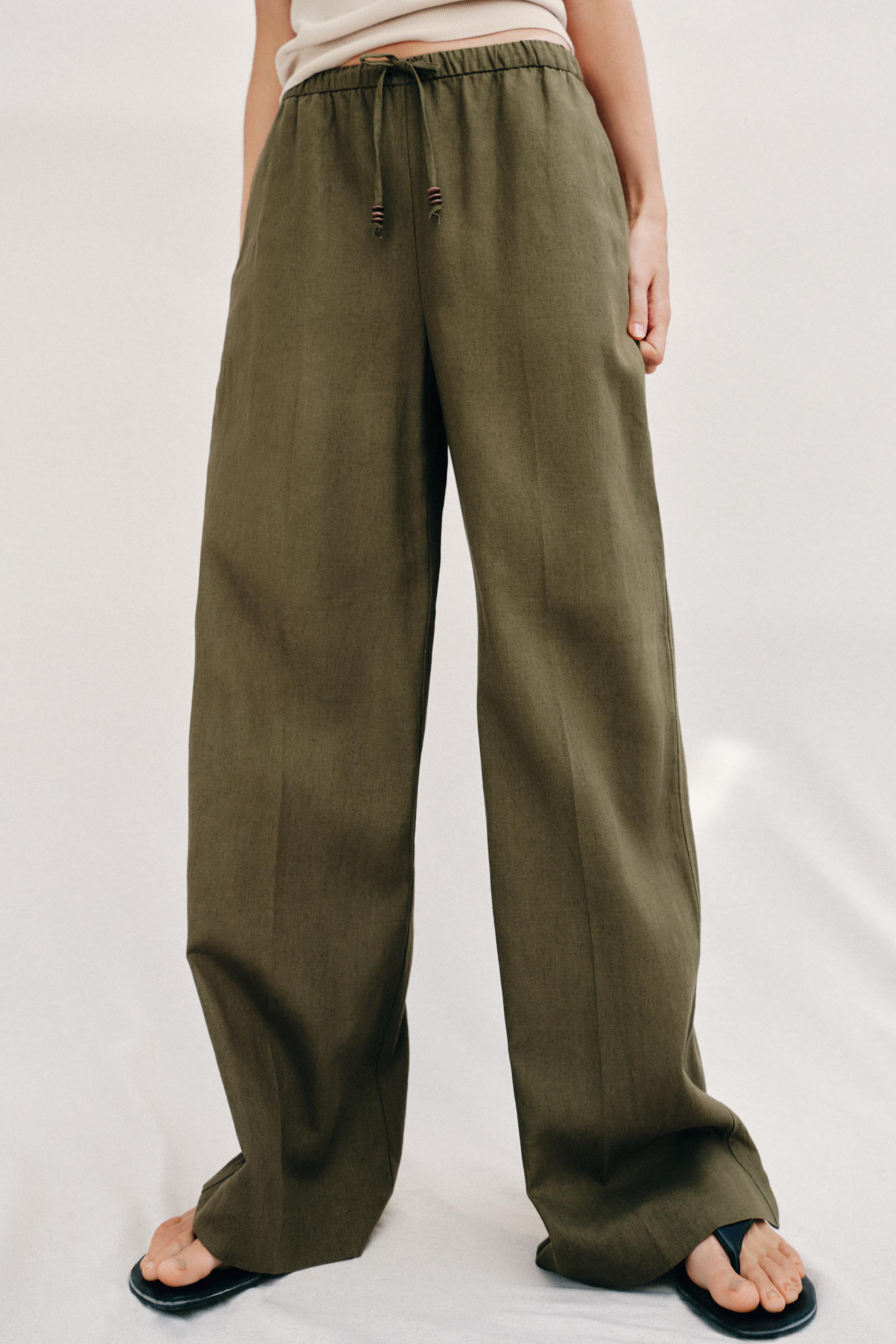 LINEN STRAIGHT LEG PANTS — Khaki