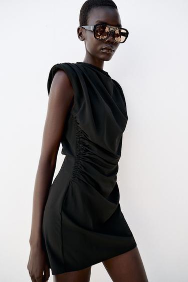 DRAPED SHOULDER PAD MINI DRESS — Black 2