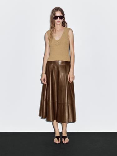 Zara Nappa leather flared midi skirt - Brown