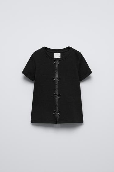 RIBBED T-SHIRT WITH SATIN BOWS - Black by Zara