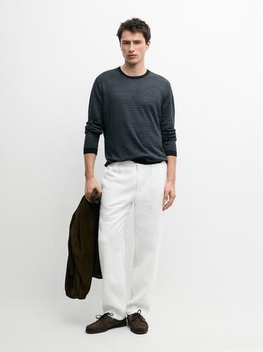 Zara Linen sweater with striped detail - Navy blue