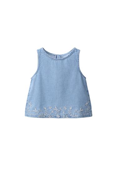 Zara EMBROIDERED DENIM TOP - Light blue
