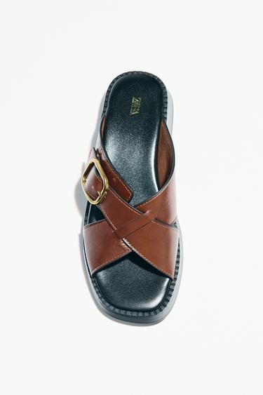 LEATHER CROSSOVER SANDALS WITH BUCKLE - Brown by Zara