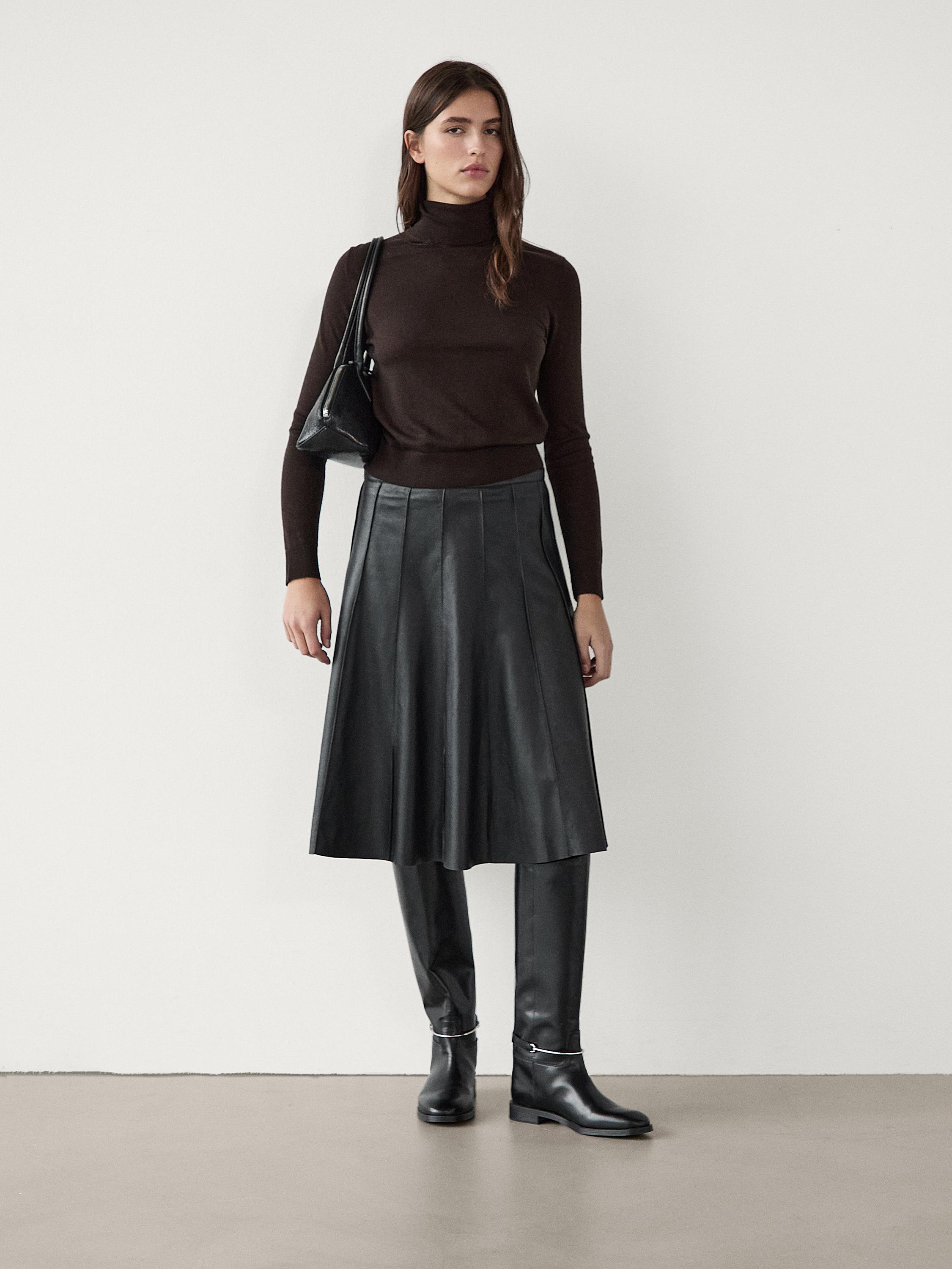 Nappa leather box pleat midi skirt Black ZARA United States