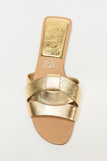 FLAT LEATHER SLIDE SANDALS - Gold by Zara