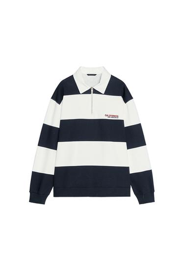 Front view of a blue and white striped sweatshirt with the text 'California Los Angeles USA' on the chest.