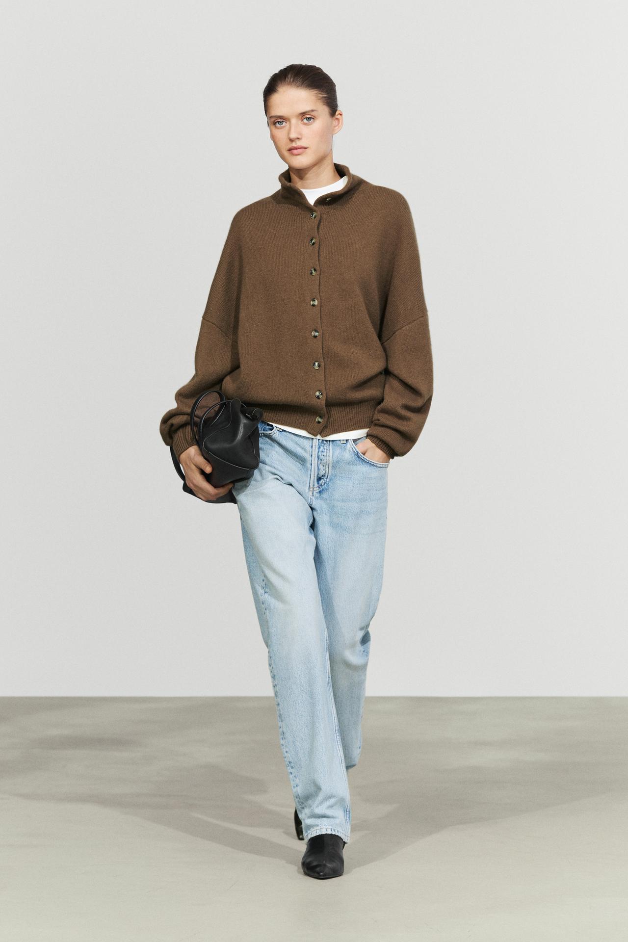 Wool and cashmere knit funnel neck cardigan — Caramel