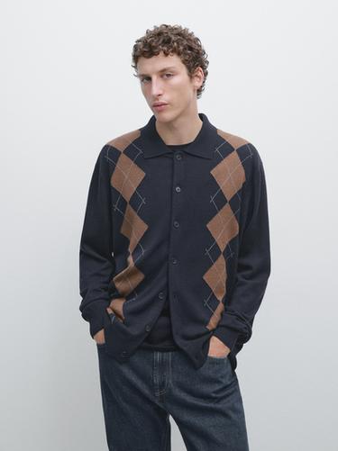Zara Wool blend argyle knit cardigan - Navy blue
