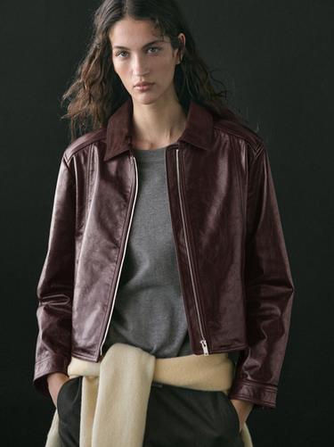 Zara Nappa leather jacket with contrast suede collar - Burgundy