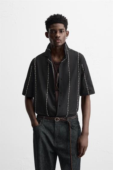 CHEMISE BRODERIE CONTRASTÉE - Blanc / Noir de Zara - Image 2