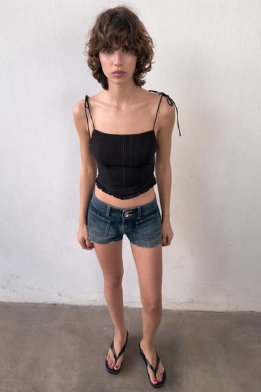 Zara 府綢短版馬甲上衣 - 黑色