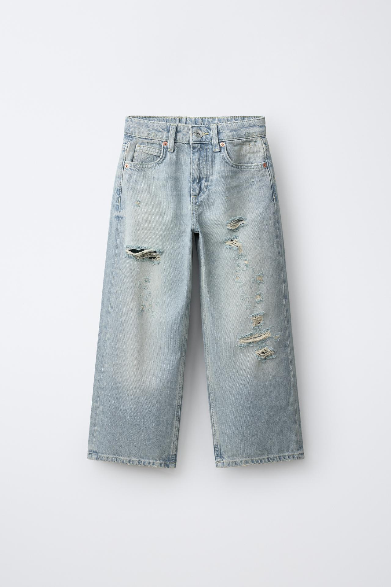 DISTRESSED WIDE LEG PANTS — Blue