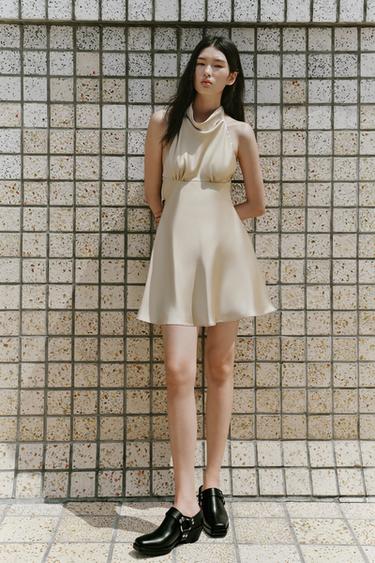 Zara 緞面繞頸短版洋裝 - 灰色 / 米色