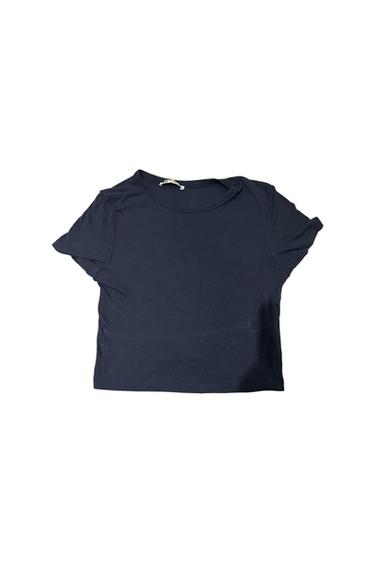 Navy blue short-sleeved round-neck T-shirt on a white background.