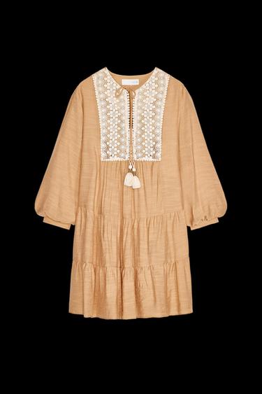 Zara MINI BIB EMBROIDERED DRESS - Peach - Image 0