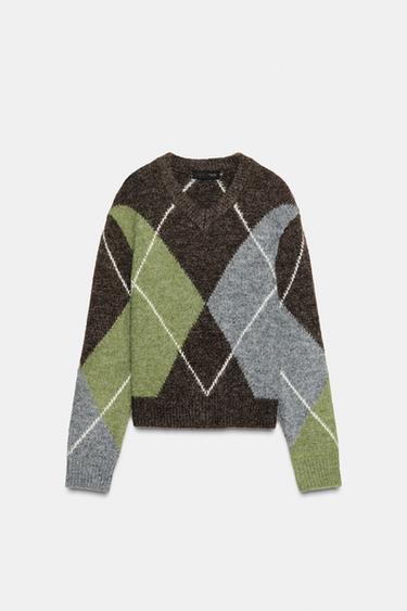DIAMOND KNIT JUMPER - Brown / Green by Zara