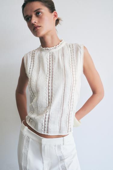 ROMANTISCHE BLOUSE MET BORDUURSEL ZW COLLECTION - Ecru van Zara
