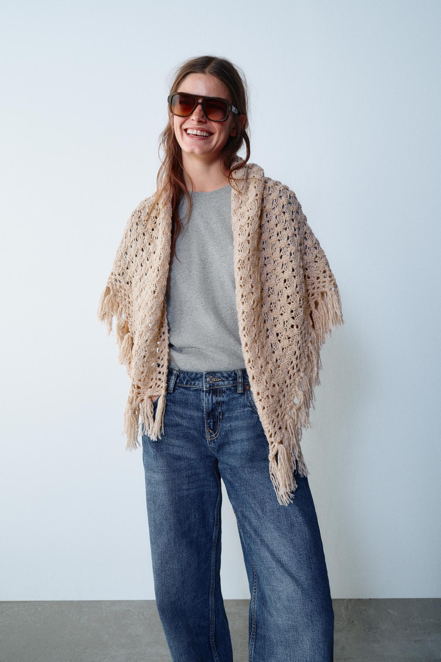 Женские аксессуары Zara Openwork Fringed Shawl, цвет: Бежевый розовый — фото 1
