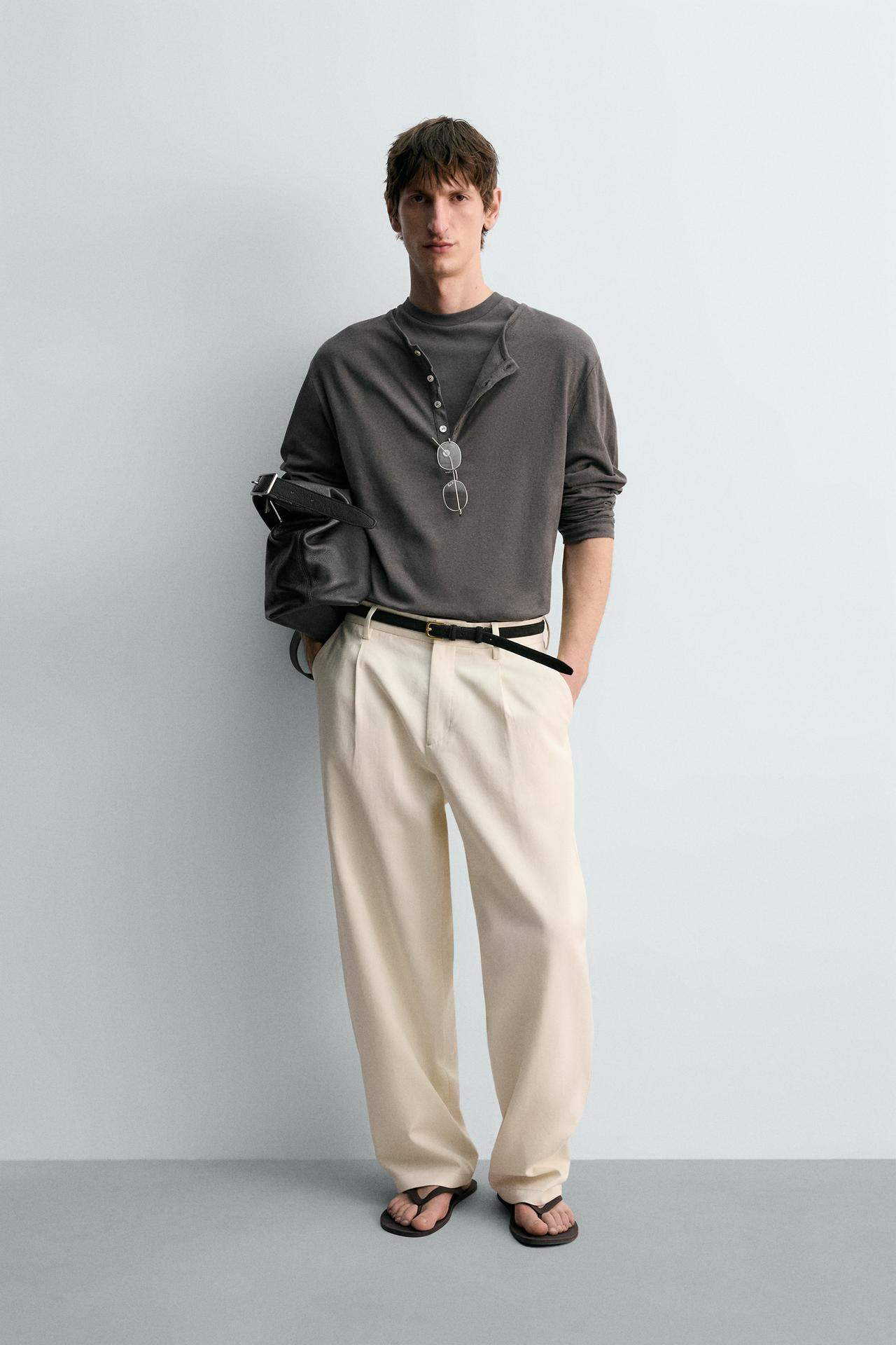 COTTON - LINEN GRANDAD COLLAR T-SHIRT