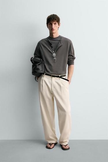 COTTON - LINEN HENLEY NECK T-SHIRT LIMITED EDITION - Dark grey by Zara