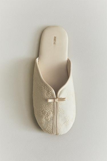 FLORAL SLIPPERS WITH BOW DETAIL AND LEATHER SOLE - Beige by Zara