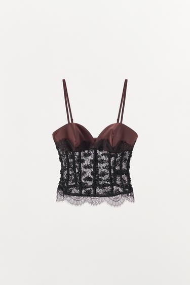 SEQUINNED LACE CORSETRY-INSPIRED TOP - Black by Zara - Image 0