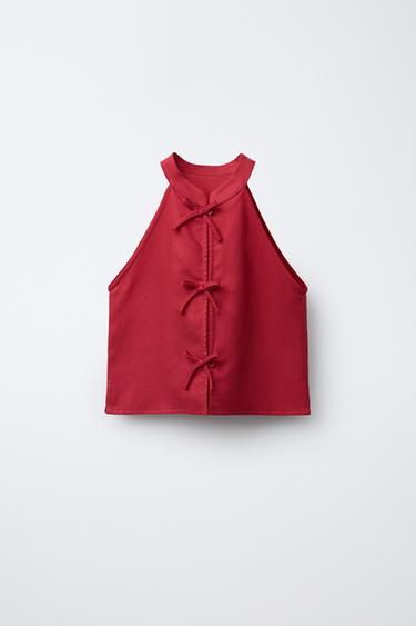 Zara FLOWY HALTER NECK TIE TOP - Red