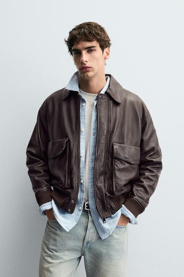 جاكيت جلدي بجيوب - بني الخاص بـ Zara
