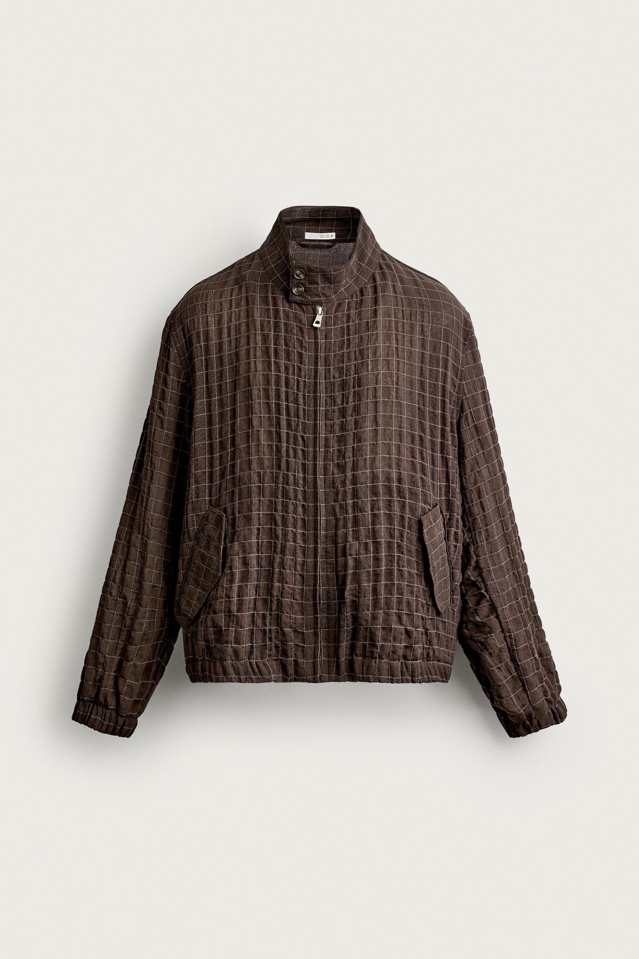 CROPPED FIT CHECKERED JACKET — Chocolate