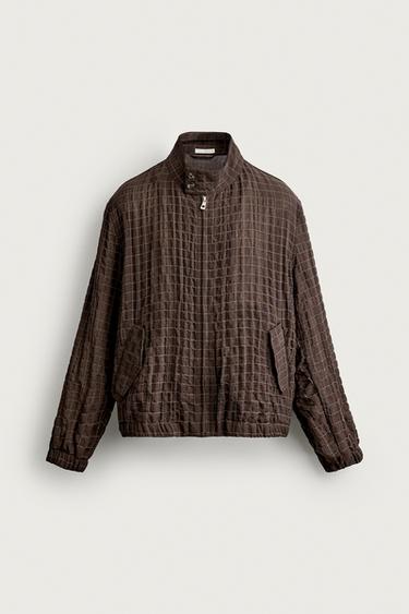 Zara CROPPED FIT CHECKERED JACKET - Chocolate