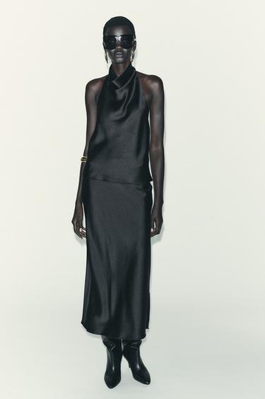 Zara SATIN EFFECT HALTER TOP - Black