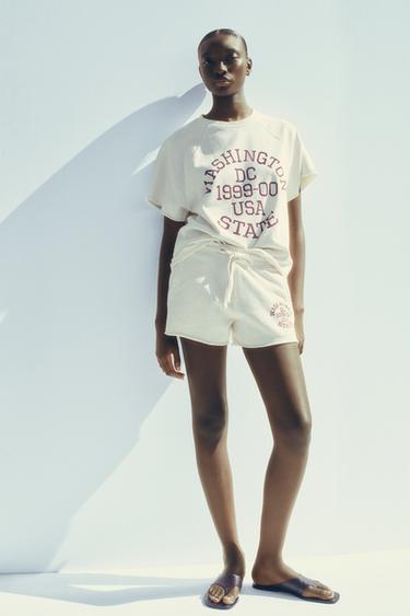 Zara WASHED EFFECT TEXT SWEATSHORTS - Ecru - Image 0