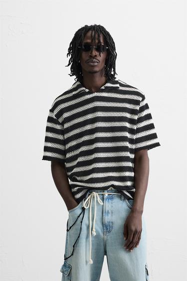 Zara STRIPED KNIT POLO SHIRT - Black
