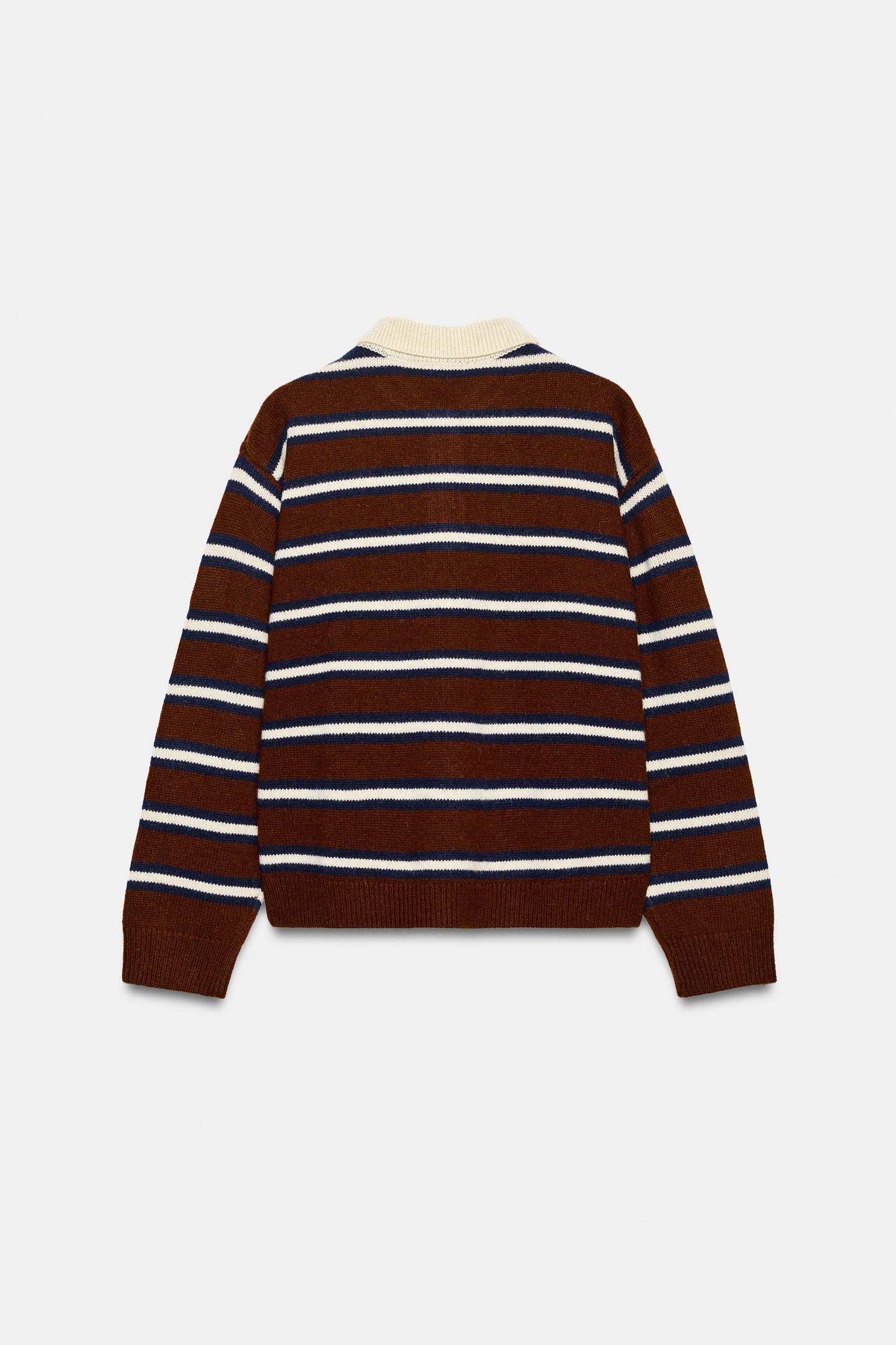 Женское поло Zara 100% Wool Striped Polo, цвет: Коричневый / Экрю — фото 6