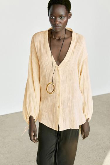 Zara Pleated linen blend shirt - Biscuit