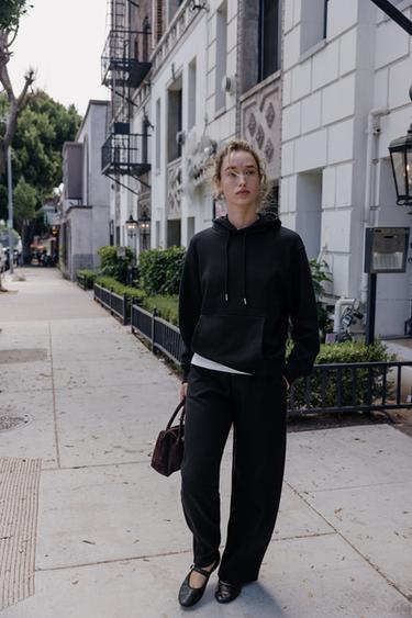 PANTALON MOLLETON À JAMBES LARGES - Noir de Zara