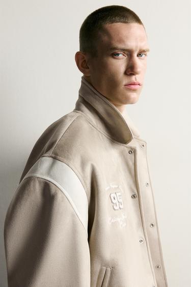 SUEDE-EFFECT PATCH BOMBER JACKET — Stone 2