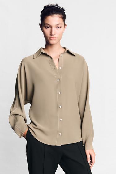CAMISA PESPUNTES CONTRASTE - Marrón / Topo de Zara