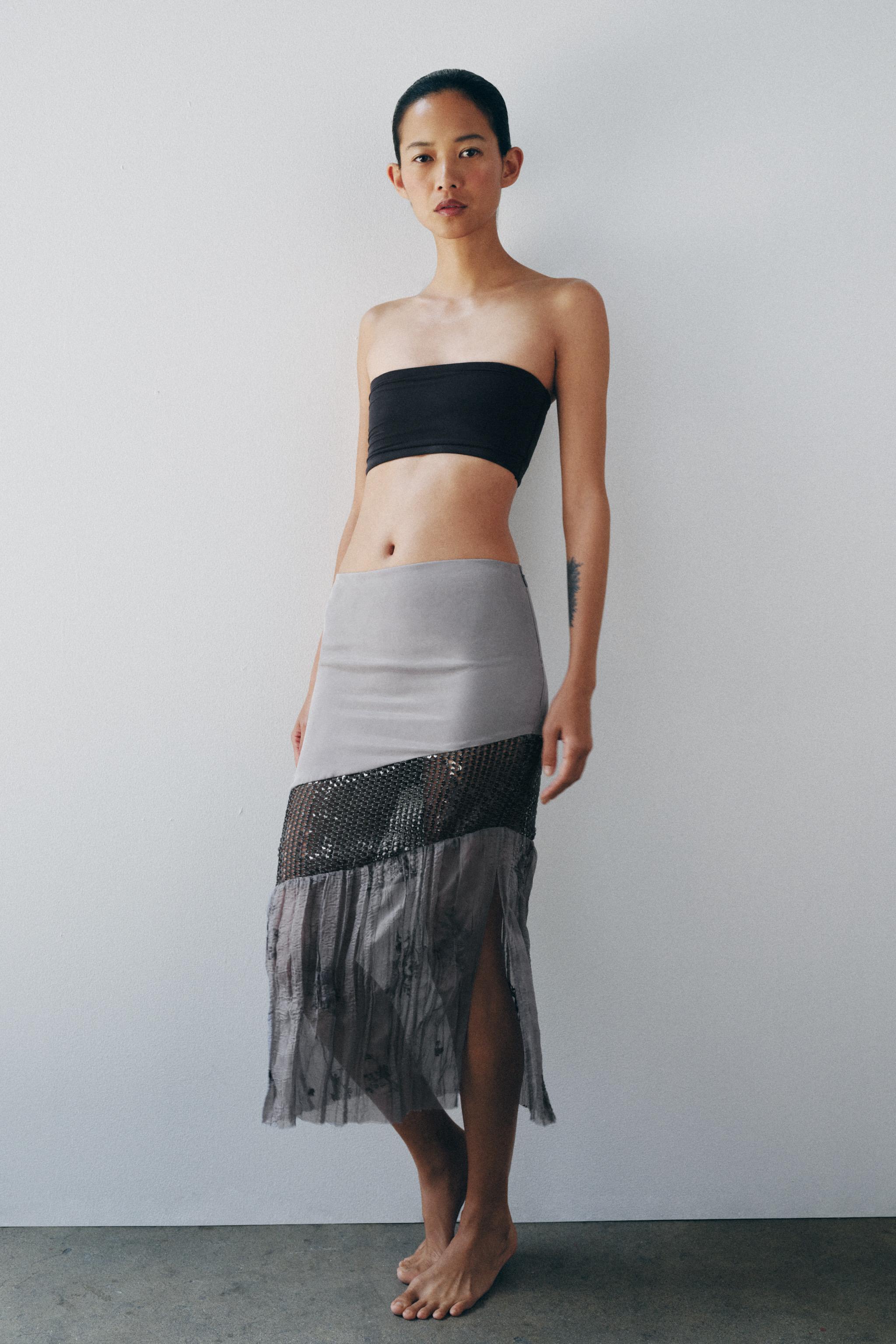SEQUIN MIX MIDI SKIRT — Greys