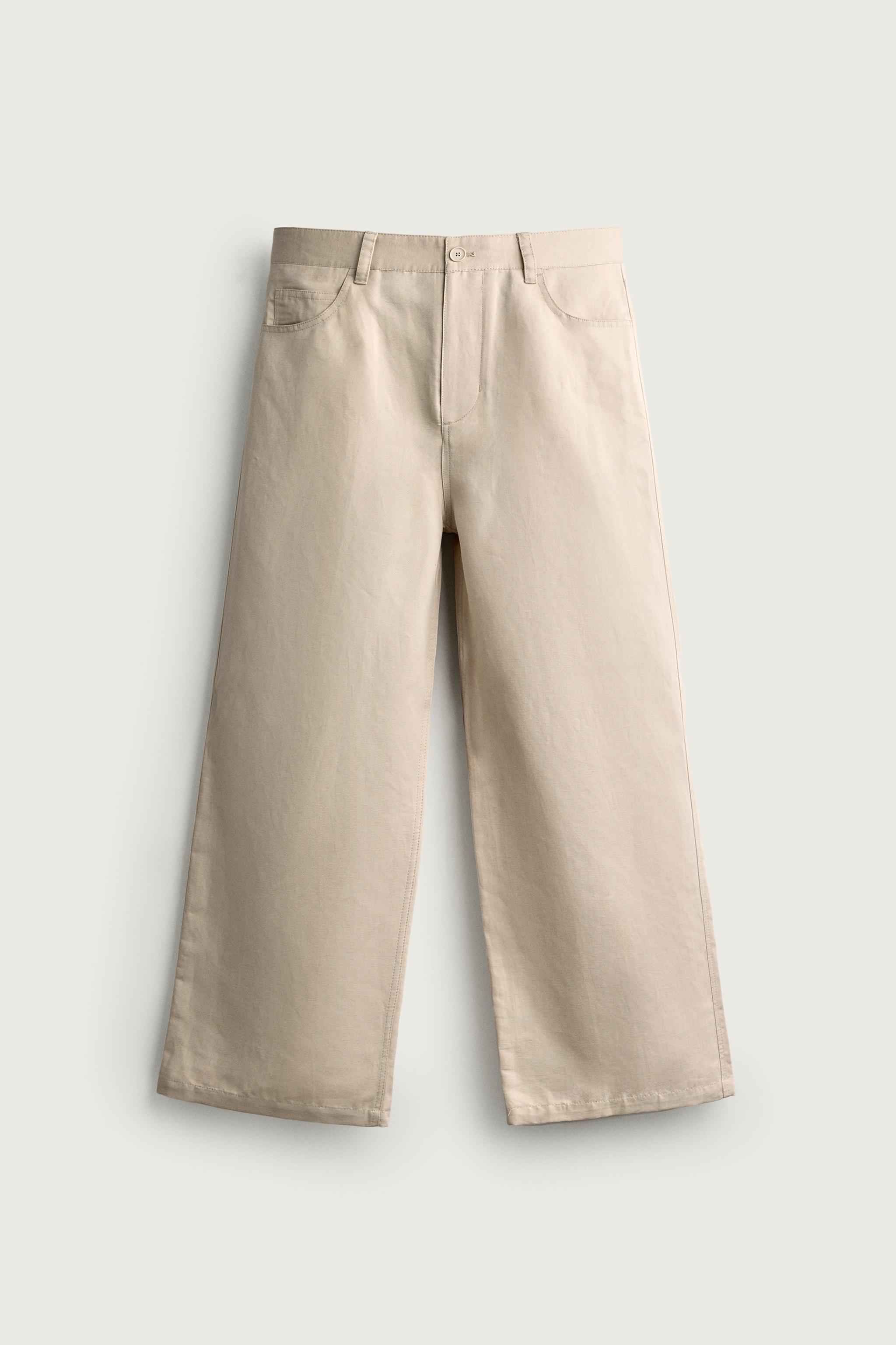COTTON-LINEN RELAXED-FIT TROUSERS — Beige