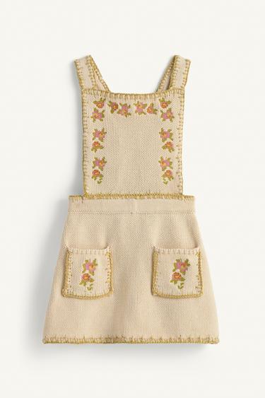 Zara LIMITED EDITION EMBROIDERED CROSS-STITCH KNIT PINAFORE DRESS - White