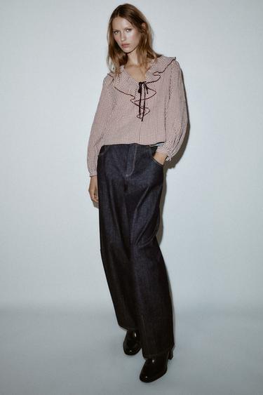 RUFFLED GINGHAM BLOUSE - bordeaux/ecru by Zara