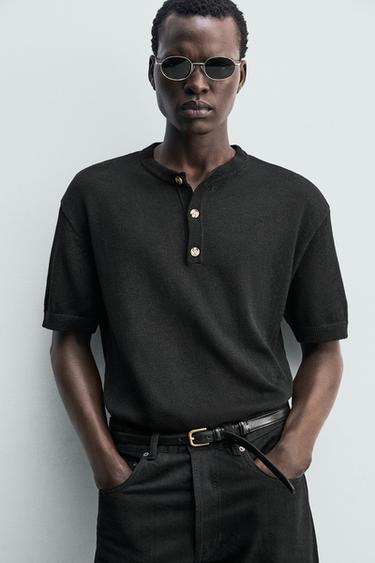 KNITTED HENLEY T-SHIRT - Black by Zara - Image 4