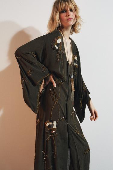 Zara LIMITED EDITION JACQUARD EMBROIDERED DRESS WITH BEADING - GREEN